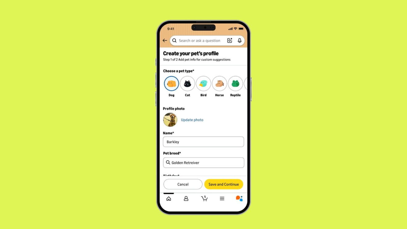 Amazon Pet profile creation form showing pet type selection, photo upload, name field with 'Barkley,' and breed field with 'Golden Retriever'