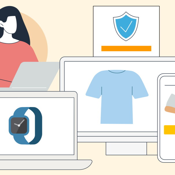 An illustrated graphic of a woman holding a laptop with laptop and mobile screens floating around her.
