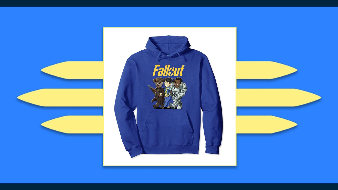 A Fallout hoodie with three characters from the Fallout series on it