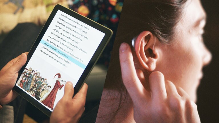 A collage of 2 images: a woman adjusting her hearing aid and Reading Ruler on Kindle.