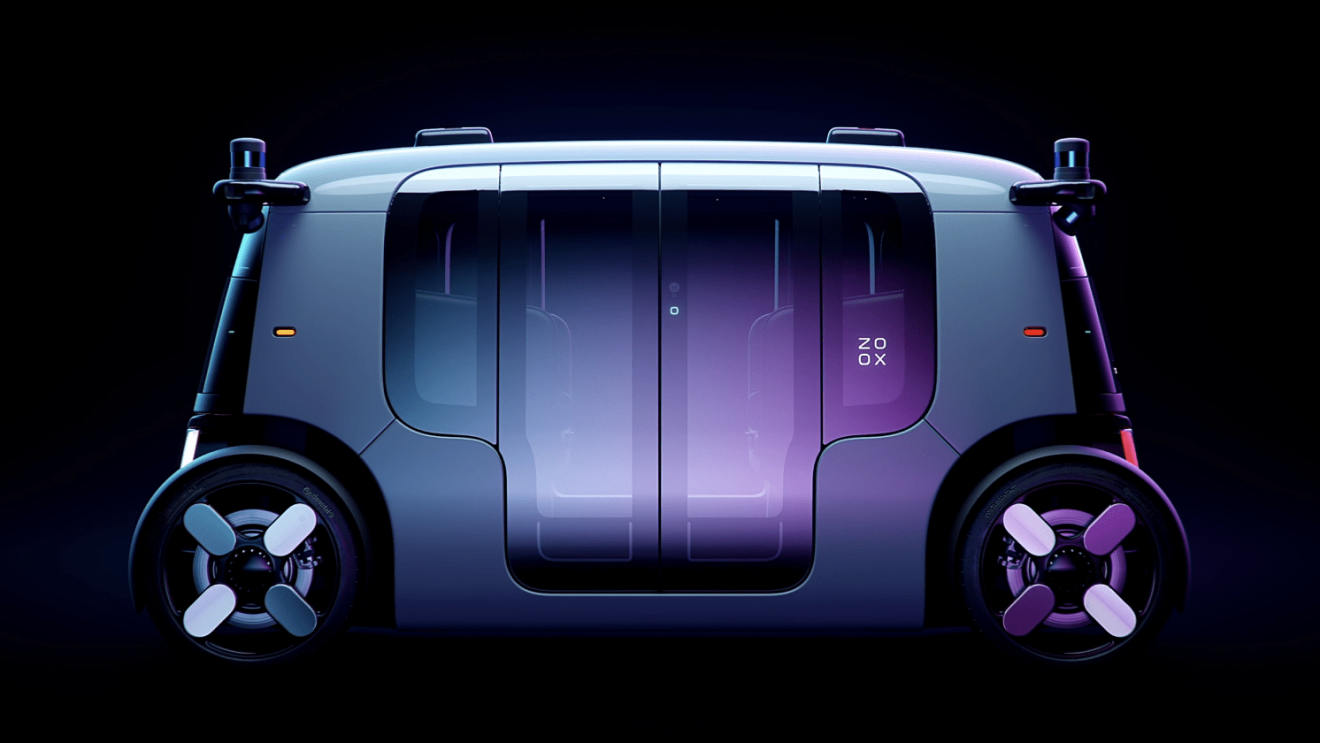 黑色背景下的Zoox自动驾驶机器人出租车的侧视图