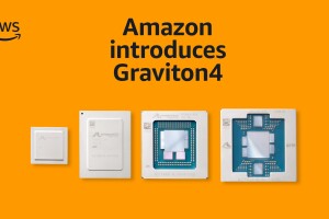 The AWS logo, text reading Amazon introduces Graviton4, and four generations of Graviton computing chips
