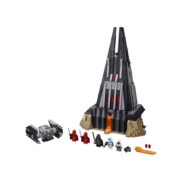 LEGO Star Wars Darth Vader’s Castle with five characters, one castle and a flying vessel from Star Wars - with the castle and vessel constructed with LEGO pieces.