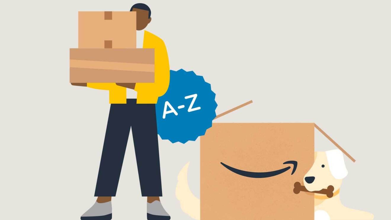 Prime Day 2023 live blog best deals: graphic image of a man holding boxes while dog holding a bone lies behind another box.