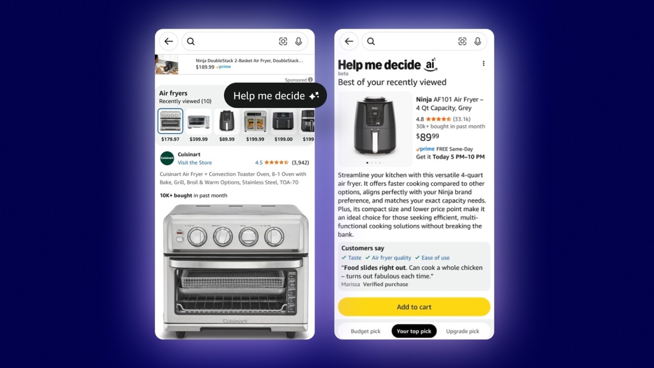 Amazon online shopping interface showing air fryer details and customer reviews with Help Me Decide feature