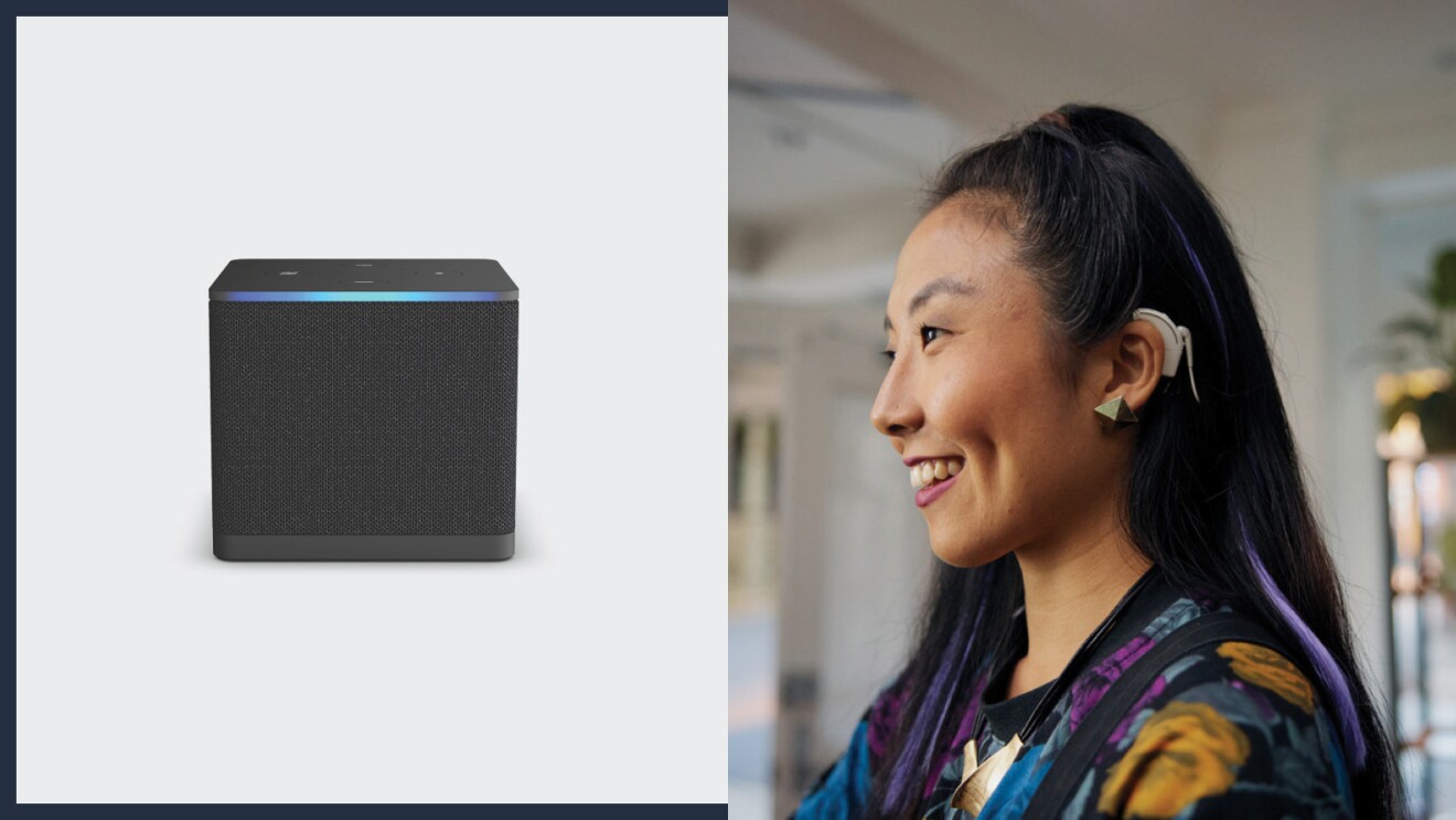 左はAmazon Fire TV Cubeの画像。右側に笑顔の女性。耳に補聴器をつけている