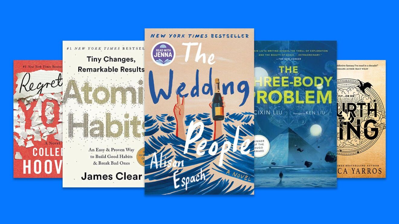 Book covers of bestselling novels and self-help titles on a blue background
