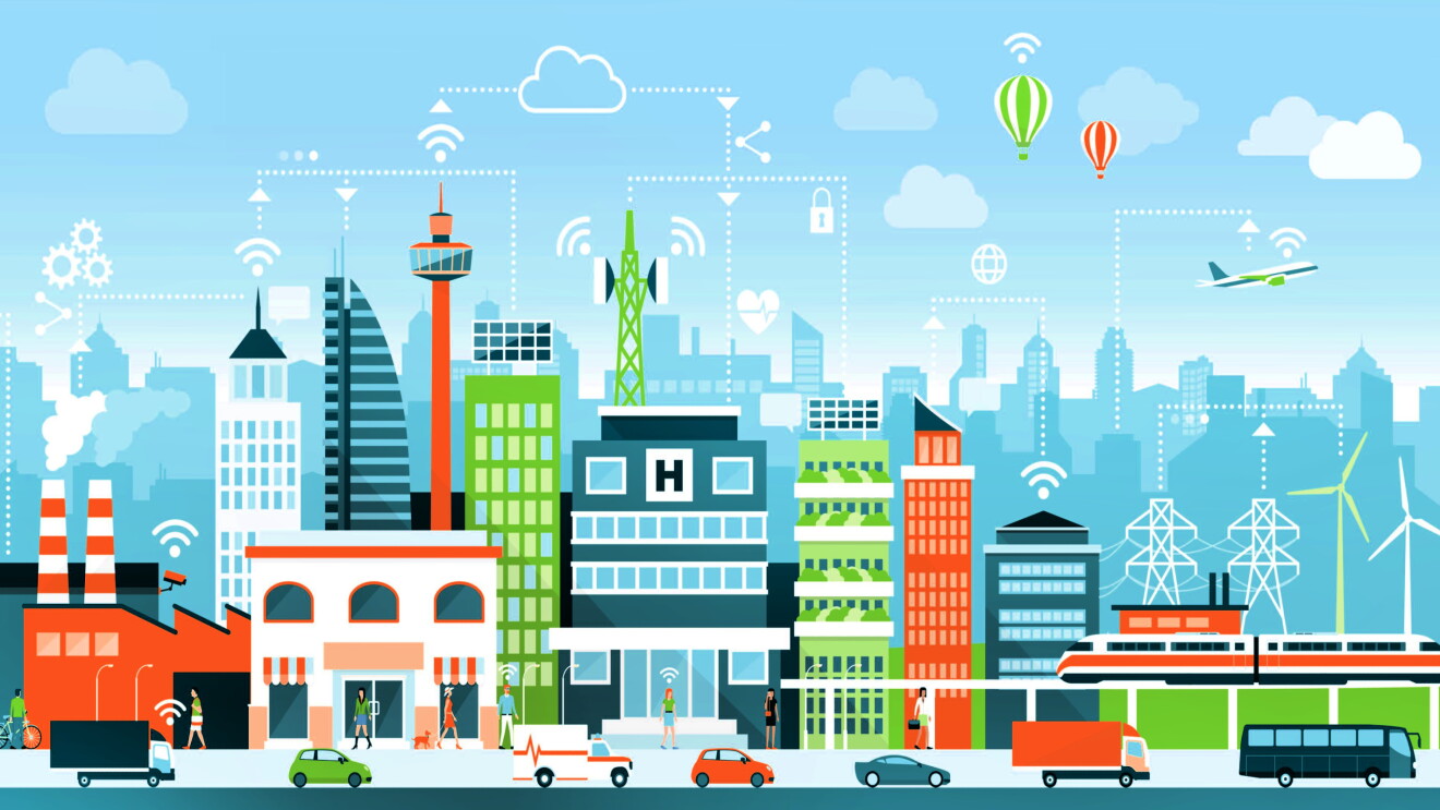 A vector image showing different buildings and icon that represent a smart city