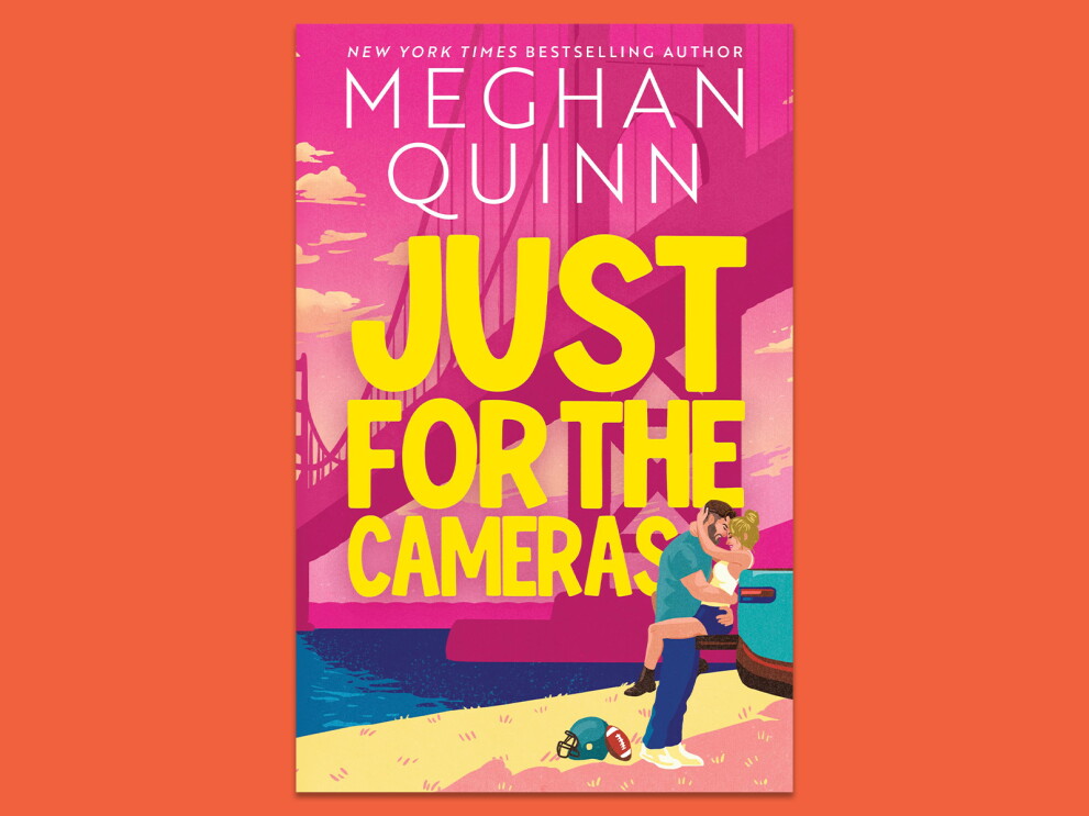 Book cover: 'Just for the Cameras' by Meghan Quinn, featuring romantic silhouette available on Amazon