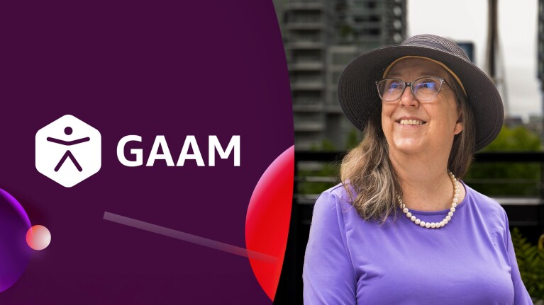 GAAM branding with cheerful woman wearing glasses and sun hat