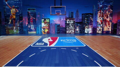 An image of a basketball court with the NBA and Prime Video logos on the floor