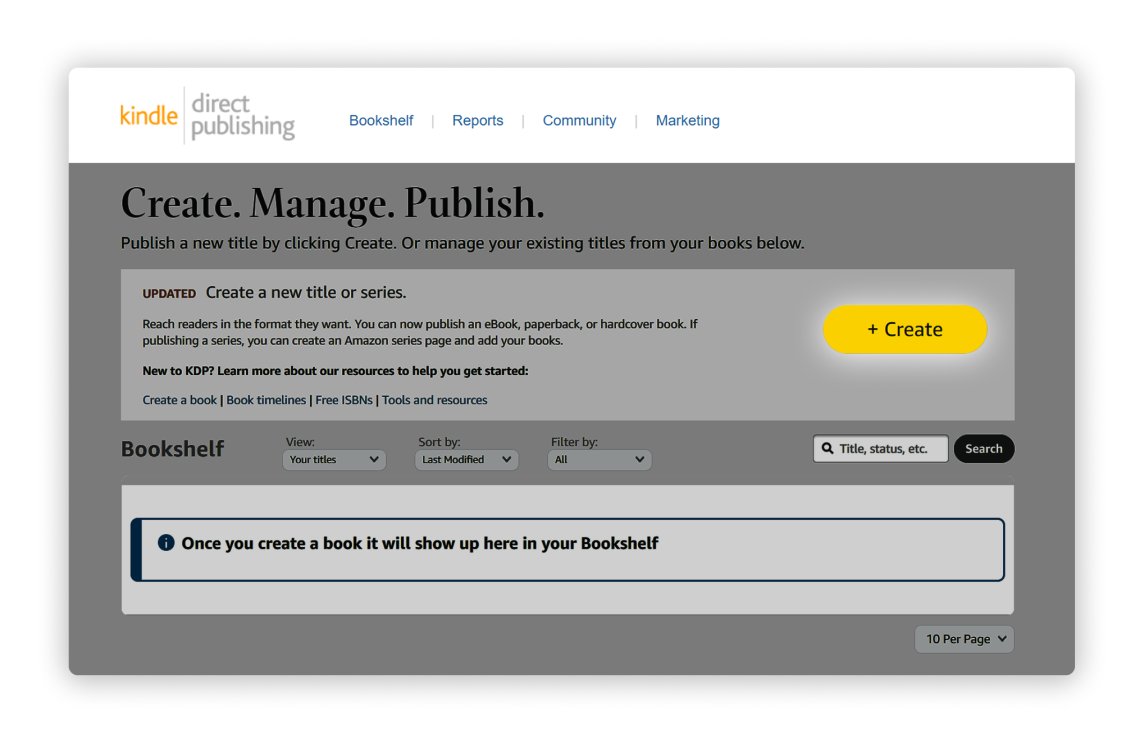 Kindle Direct Publishing dashboard interface for creating and managing book titles