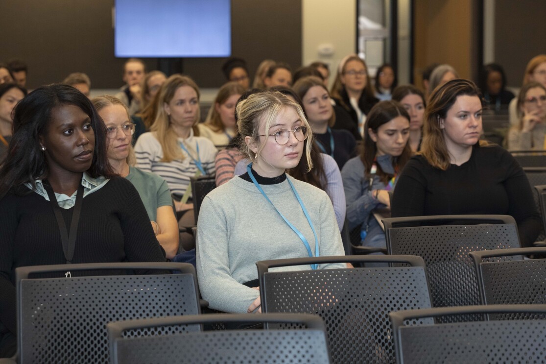 Amazon employees during a talk from Dame Stephanie Shirley