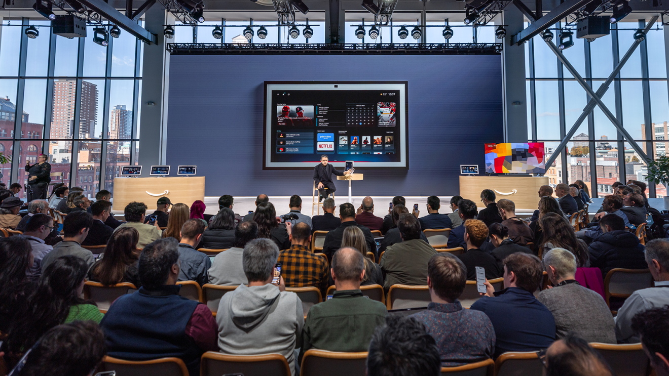 Panos Panay, Amazon Devices & Services Senior Vice President, speaking on stage at Amazon's 2025 Devices & Services event.