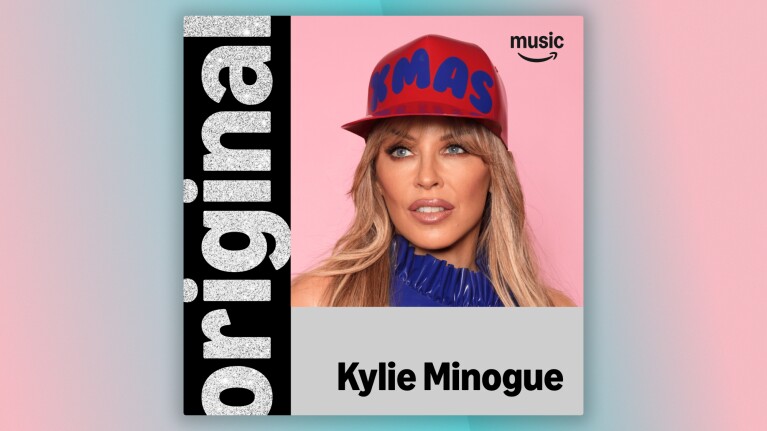 Album cover for Amazon Music Kylie Minogue track featuring bright pink background and 'XMAS' hat