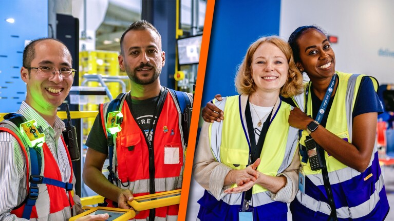 Eine Collage mit Bildern aus der Amazon Logistik. Das erste Bild zeigt 2 Robotics-Techniker in Sicherheitswesten. Das zweite Bild zwei junge Kolleginnen in blau-gelben Sicherheitswesen, die lächelnd in die Kamera blicken.