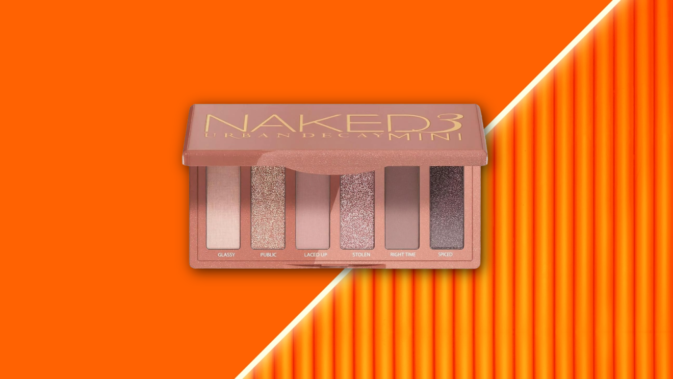 Urban Decay eyeshadow floating against a vibrant orange background.