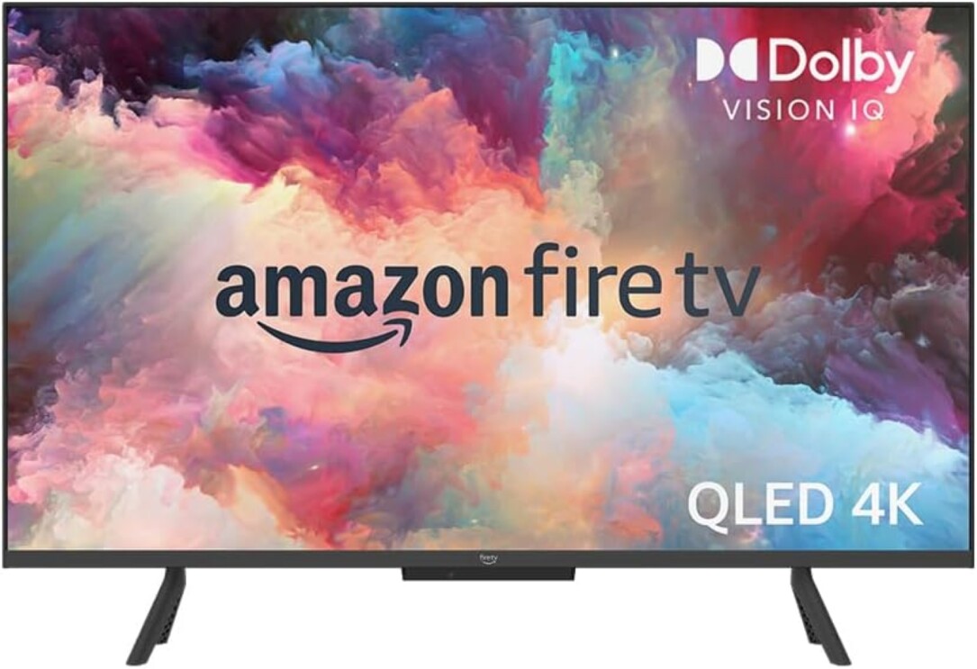 Fire TV 43-Inch Omni QLED series 4K front facing whilst displaying a variety of bright colours as well as the features of the screen