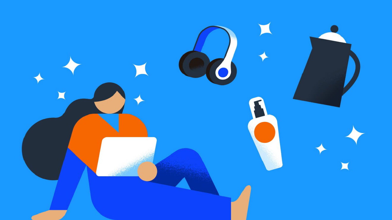 Prime Day 2023 live blog best deals: graphic image of a woman looking at her tablet with headphones, lotion, and a kettle floating around her.