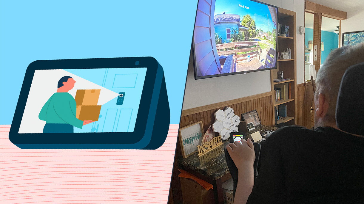 A collage showing an image of a person looking at their front porch on a TV screen and an illustrated image of Amazon's Echo Show showing a person delivering packages.