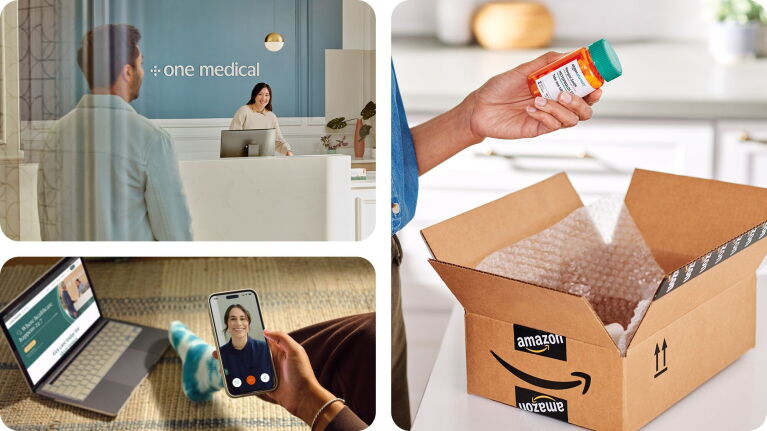 Three images: At a One Medical office reception with patient approaching counter, one with someone on a computer and talking to a clinician on the phone, and another with someone taking a prescription bottle out of an Amazon box.