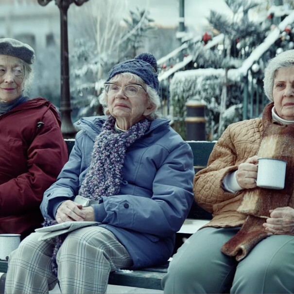 Three elderly women bundled up on bench in winter scene in Amazon Christmas ad