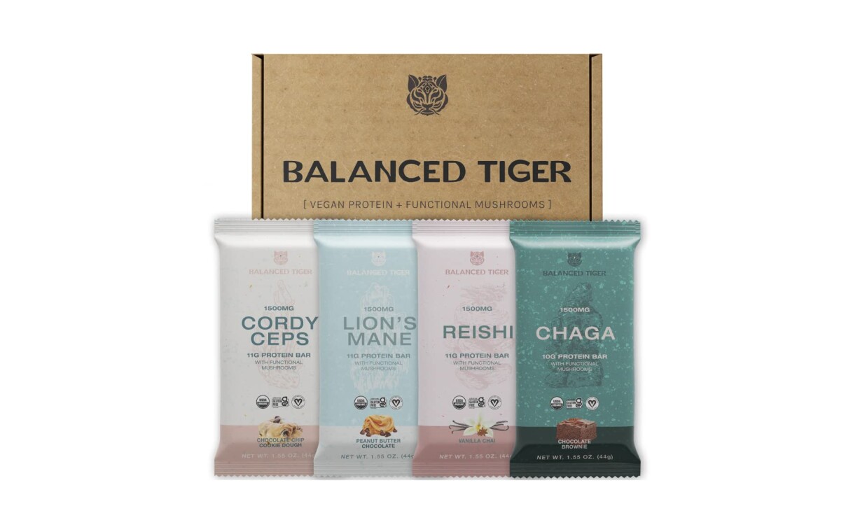 A product image of a box of mushroom-powered protein bars from Balanced Tiger.