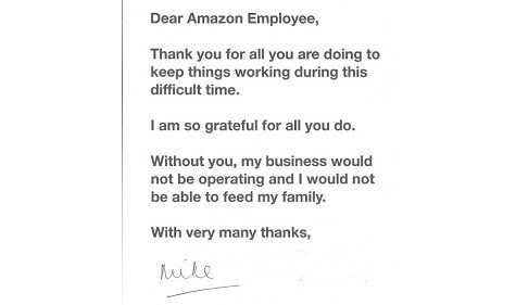 A note from a vendor to fulfilment centre staff
