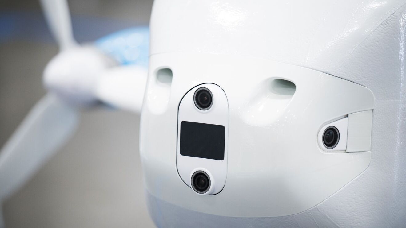 A close-up image of the Prime Air MK30 delivery drone camera.