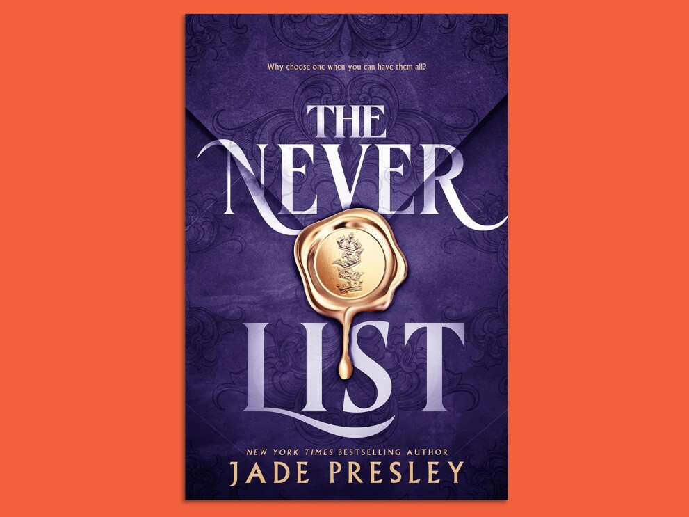 Book cover of 'The Never List' by Jade Presley with golden wax seal