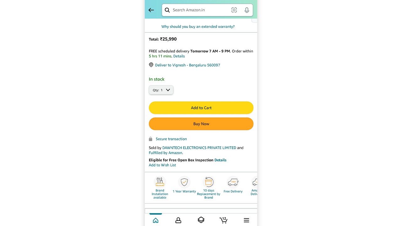 screenshot of Add to Wishlist feature in Amazon mobile app