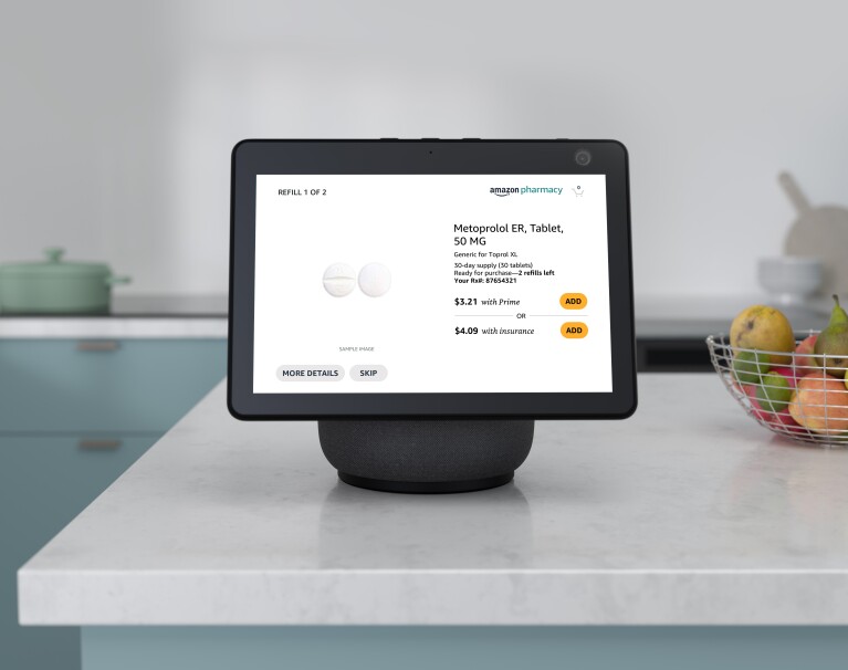 An image of an Alexa Show device with an Amazon Pharmacy medication image on the screen.