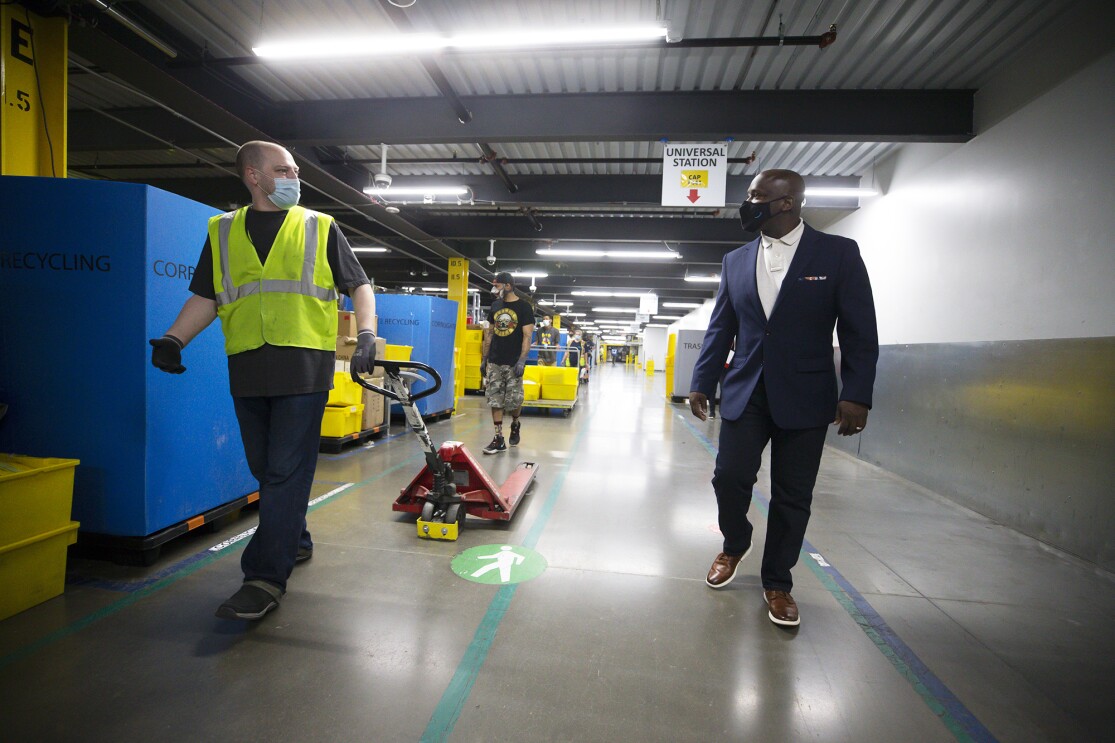 Amazon VP of HR in operations, Ofori Agboka visits a fulfillment center near Detroit to show safety measures taken by the company during the pandemic