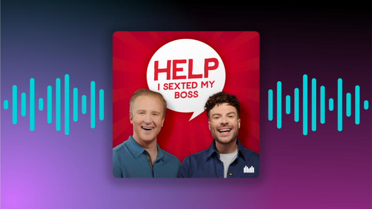 Podcast cover art: 'Help I sexted my boss' with two smiling men