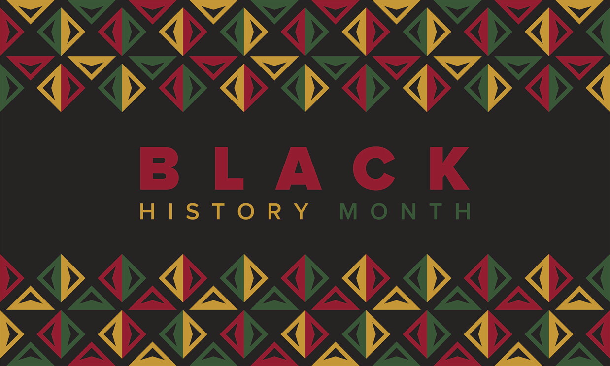Black background with Black History Month in red, yellow, and green text. Above and below the text are green, red, and yellow patterns 