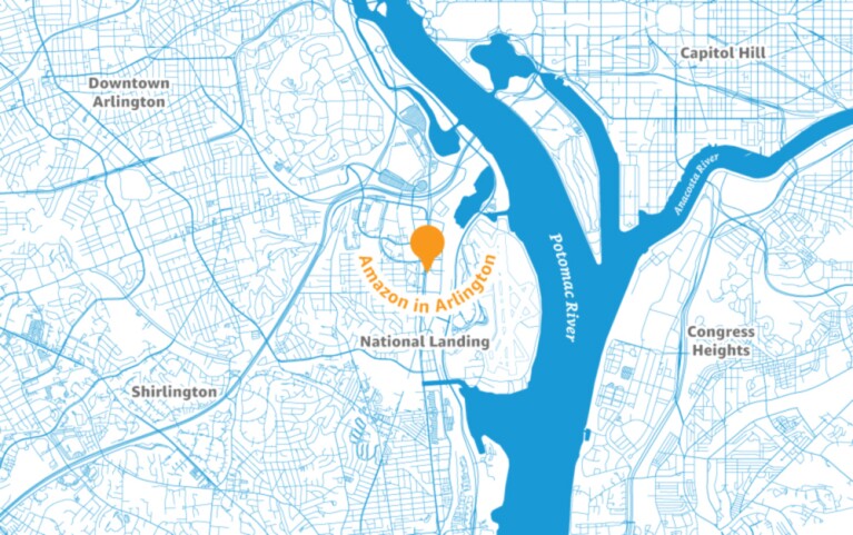 Map of the Arlington area with a pin placed to illustrate the location of a new Amazon headquarters.