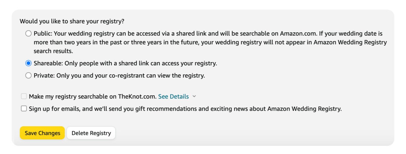 An alternative way for the user to change their privacy settings on the registry.