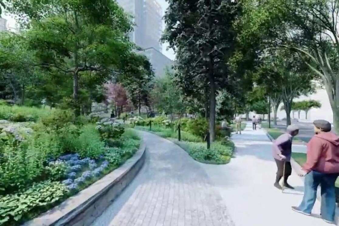 Image renderings showing the Met Park at Amazon's second headquarters in Arlington, Virginia.