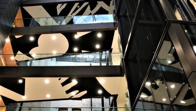 View from below of the multiple floors in the  Amazon Manchester offices.