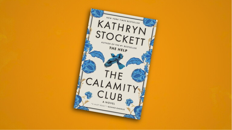 The Calamity Club book cover by Kathryn Stockett with blue floral border and bird illustration