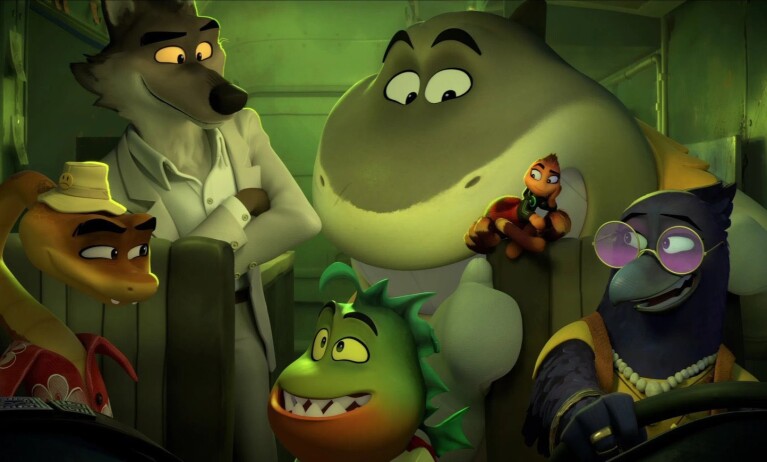 Animated characters from 'The Bad Guys' movie gathered in a dimly lit room