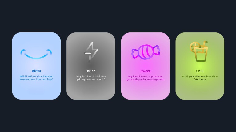Four stylized AI assistant personalities: Alexa, Brief, Sweet, and Chill