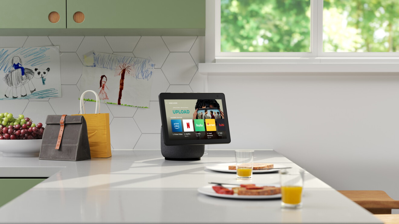 An image of an Echo Show sitting on a kitchen counter. 