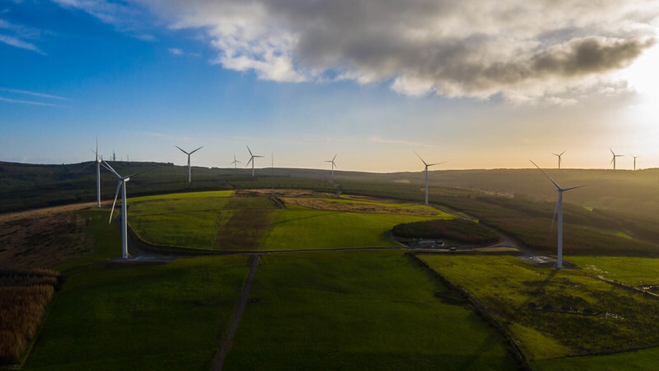 A wind energy farm in fields in Europe.