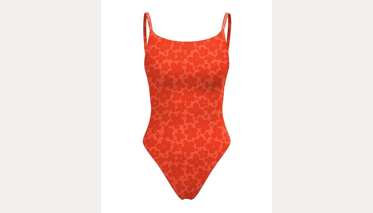 Image of a red, flowery one piece bathing suit.