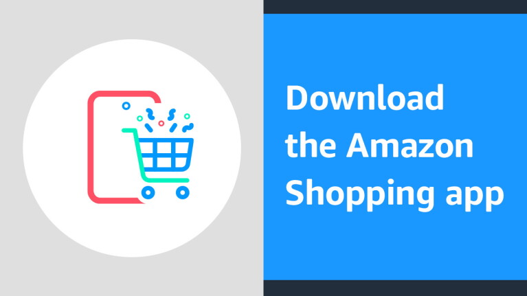 An illustrated image of a shopping cart with text that read "Download the Amazon Shopping app"