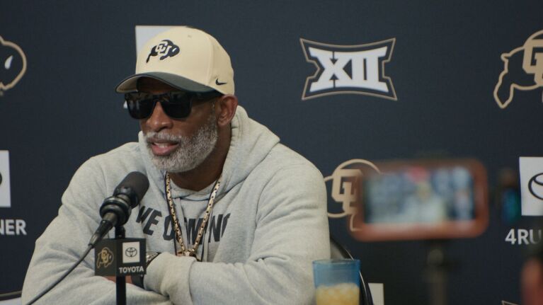 Colorado head coach Deion Sanders speaks to the media.