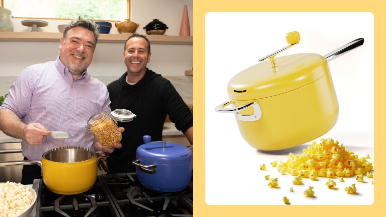 small businesses featured in Oprah’s Favorite Things 2024 holiday gift list: Two smiling men preparing popcorn in colorful pots on stovetop