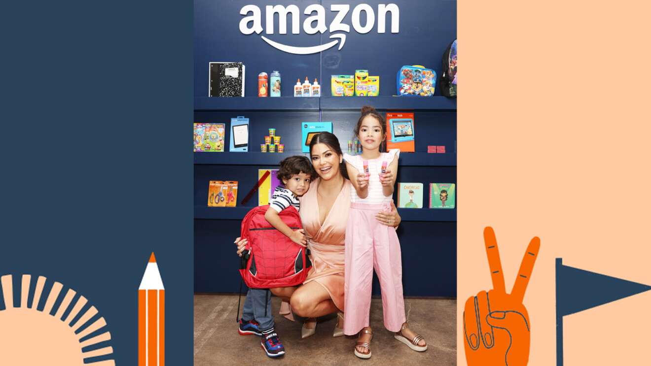 An image of Ana Patricia Gamez and her two children showing a backpack and glue sticks. Behind them is a wall of school supplies, and the image is surrounded by illustrated miscellaneous graphics in orange and blue.