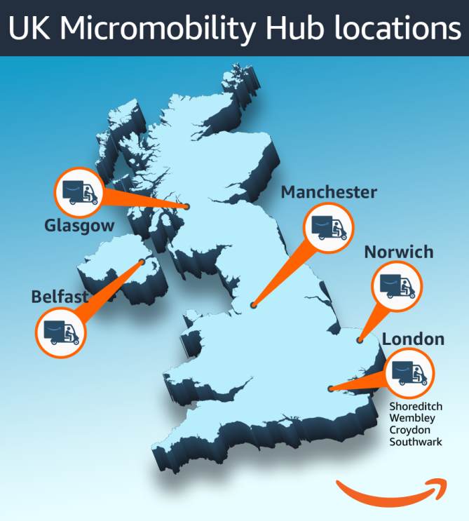 An updated map highlighting the locations of Amazon's micromobility hubs in the UK